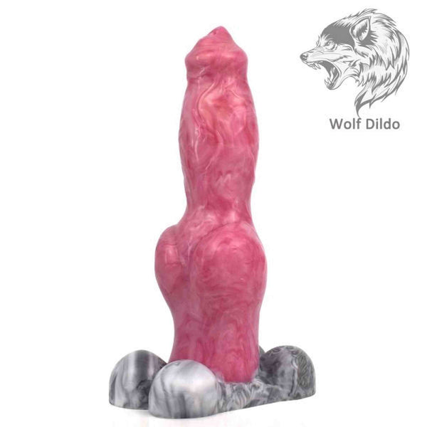 Dildo cane Wolf Dildo rosa e bianco marmorizzato con logo testa di lupo
