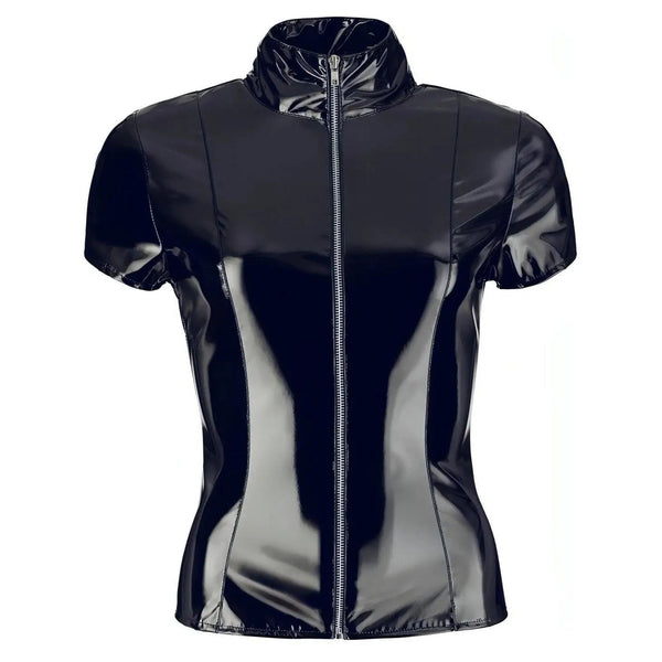 Giacca Wetlook a Maniche Corte con Collo Alto