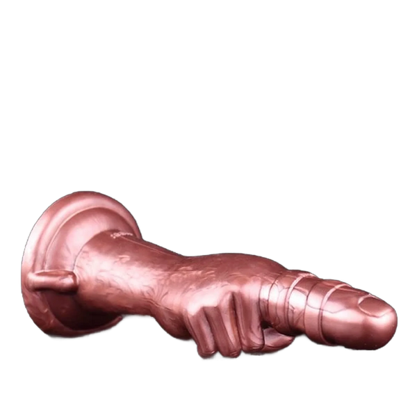 Dildo silicone rosa orizzontale base rotonda con manico laterale e dita avvolgenti