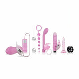 Collezione di 9 sex toys rosa e neri con dettagli metallici e texture diverse