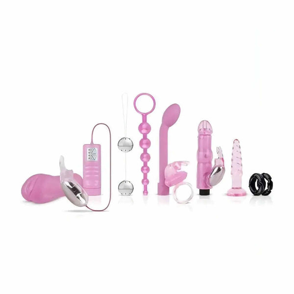 Collezione di 9 sex toys rosa e neri con dettagli metallici e texture diverse
