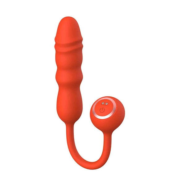 Vista laterale vibratore a spinta arancione silicone con rilievi ondulati e punta allungata