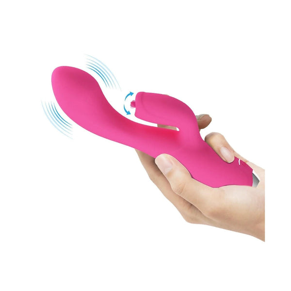 Mano femminile tiene vibratore coniglio rosa Pretty Love Gloria mostrando movimento rotatorio coda
