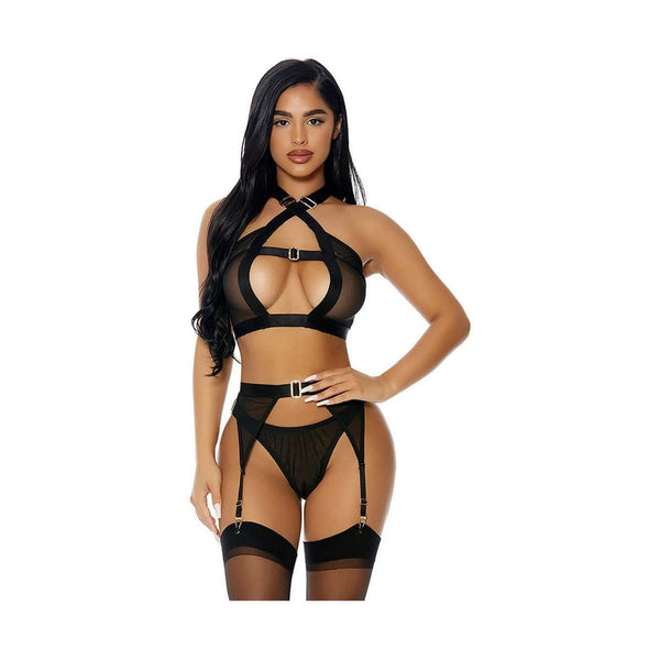 Set lingerie nero balconcino rete e cintura con fibbia Forplay