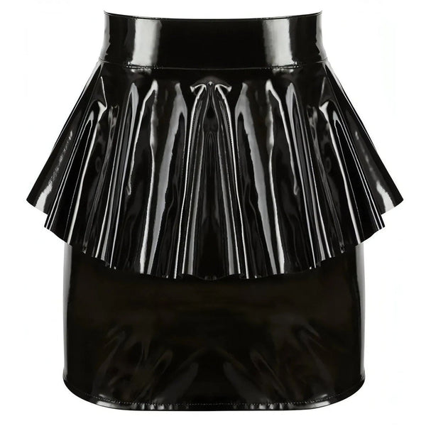 Dettaglio gonna nera wetlook con drappeggio e zip
