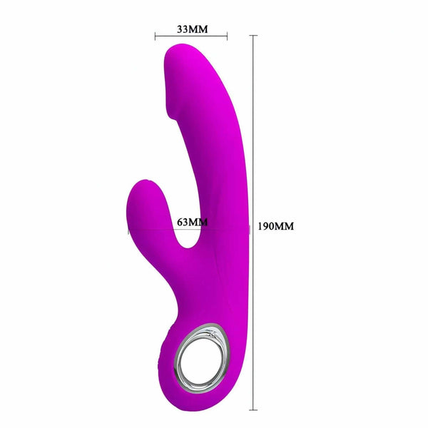 Vibratore rabbit viola in silicone con misure indicate e anello metallico