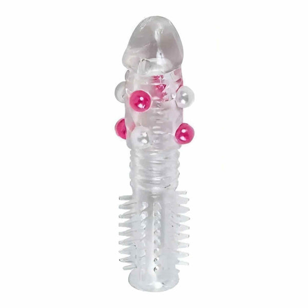 Guaina per pene trasparente con anelli, perle rosa e spazzole solleticanti
