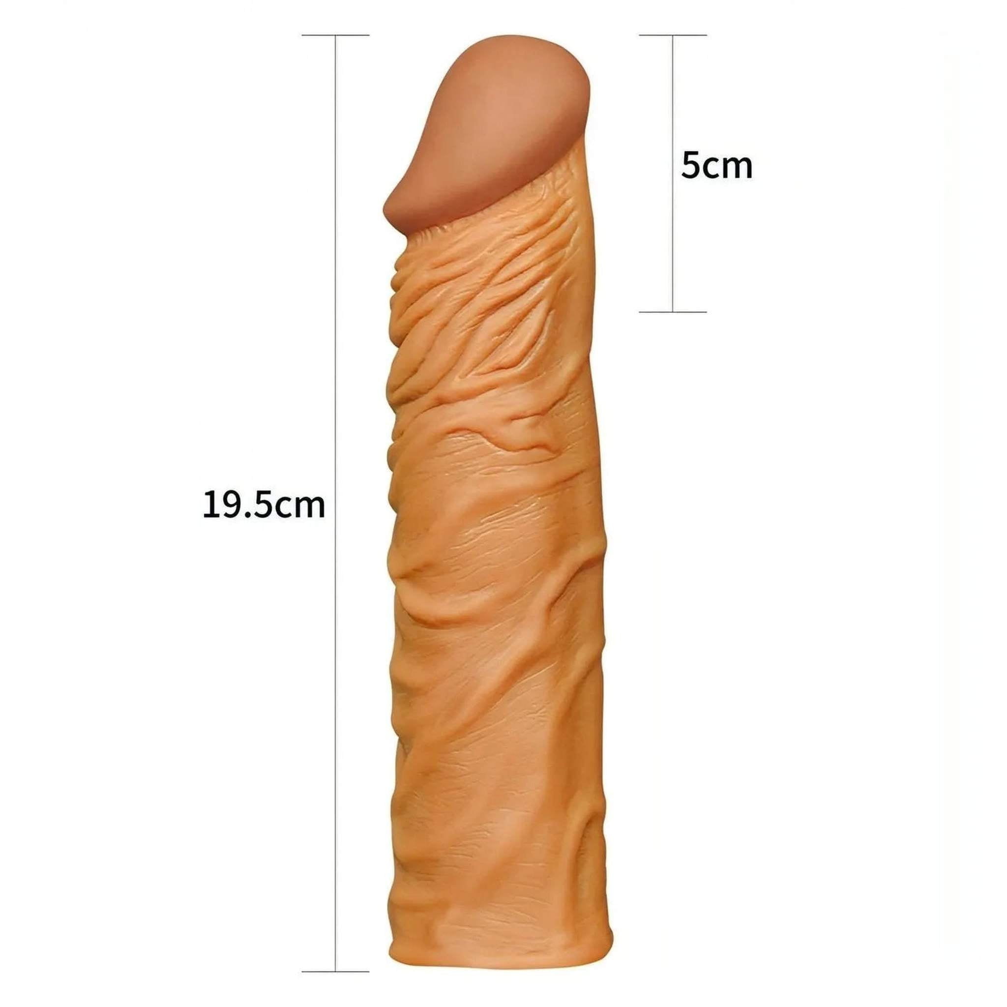 Guaina Fallica Realistica Morbida con venature extra stimolanti, 19 cm lunga con un'estensione di 5 cm - Rosa Carne