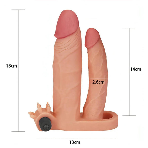 Guaina fallica biforcuta rosa-beige con estensione 2.5 cm e pulsante vibrante