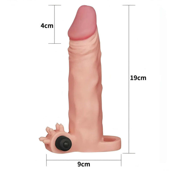 Guaina fallica realistica con stimolatore clitorideo e anello 5 cm extra