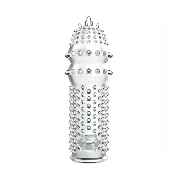 Guaina fallica trasparente con stimolatore clitorideo e texture a bolle