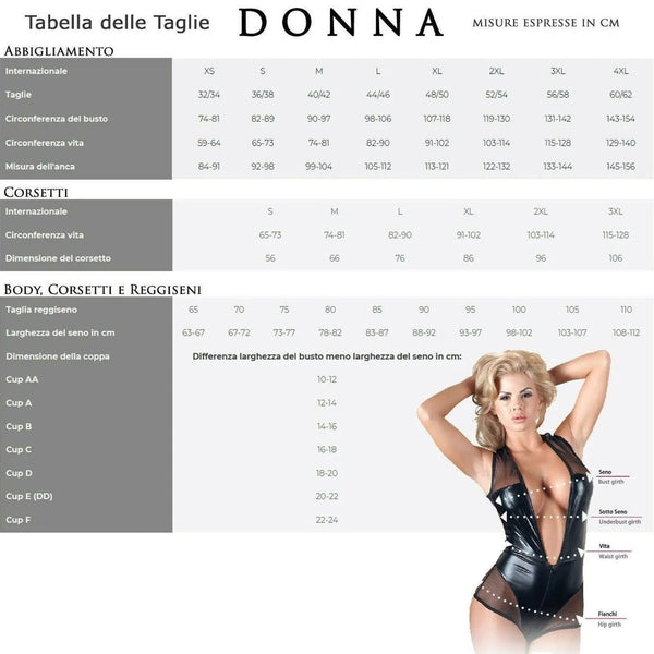 Tabella taglie donna per guepiere nera Cottelli con misure busto vita fianchi in cm