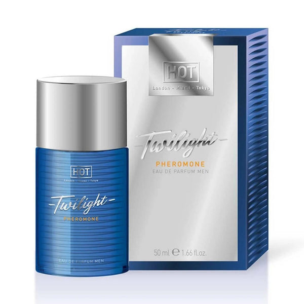 Profumo uomo HOT Twilight 50 ml con feromoni, flacone blu a righe e scatola elegante