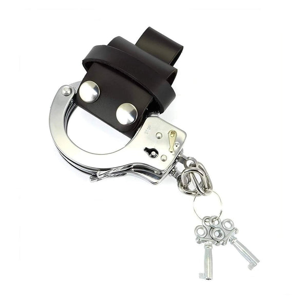 Custodia in pelle nera per manette con fibbia regolabile e chiave a forma di 8