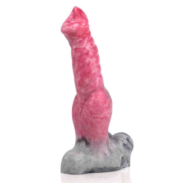 Dildo rosa-bianco marmorizzato verticale base grigia texture pelosa finitura lucida
