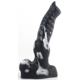 Dildo nero macchie bianche superficie lucida forma anatomica curva dettagli muscolari