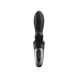 Vibratore rabbit nero Satisfyer frontale con simboli pulsanti accensione e freccia