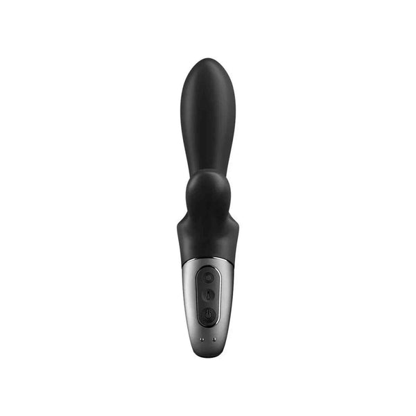 Vibratore rabbit nero Satisfyer frontale con simboli pulsanti accensione e freccia