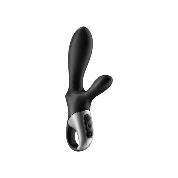 Vibratore rabbit nero Satisfyer vista laterale pulsanti ovali e inserto metallico grigio