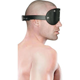 Vista laterale maschera Heavy Duty nera con fascia regolabile e borchie metalliche