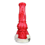 Dildo fantasy rosso in silicone con base bianca e artigli, dettaglio muscoli