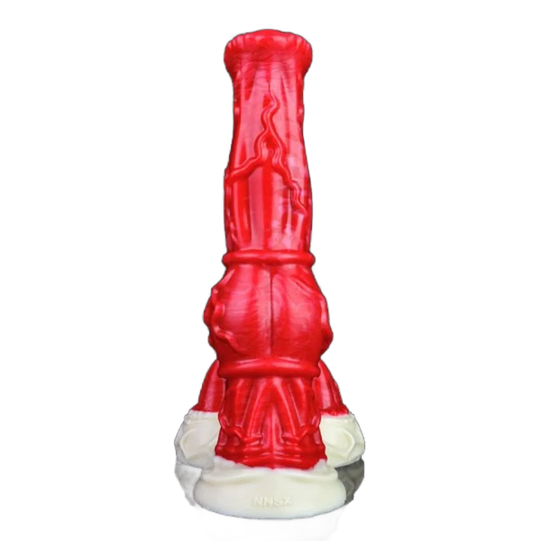 Dildo fantasy rosso in silicone con base bianca e artigli, dettaglio muscoli