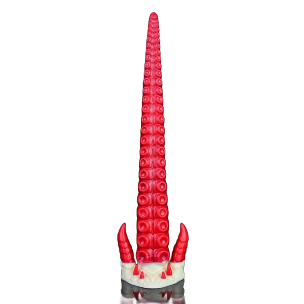 Dildo silicone rosso a forma di tentacolo con anelli ventose e due corna rosse
