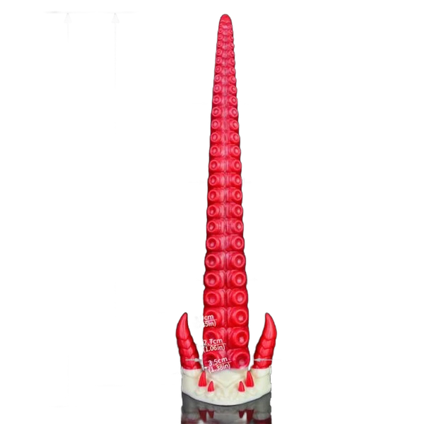 Dildo silicone rosso brillante con misurazioni centimetri e base cornuta