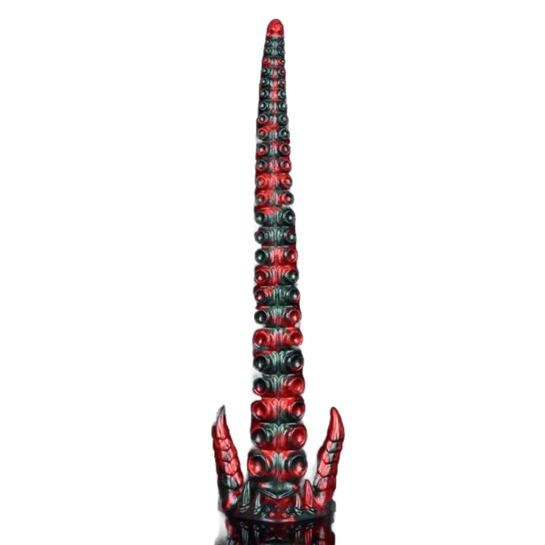 Vista frontale dildo silicone rosso verde con file di ventose e dettagli artigli