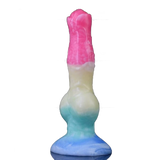 Dildo mostro gradiente rosa giallo blu viola base larga texture superficie liscia