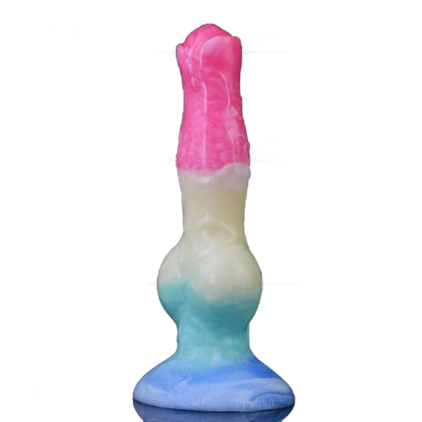 Dildo mostro gradiente rosa giallo blu viola base larga texture superficie liscia