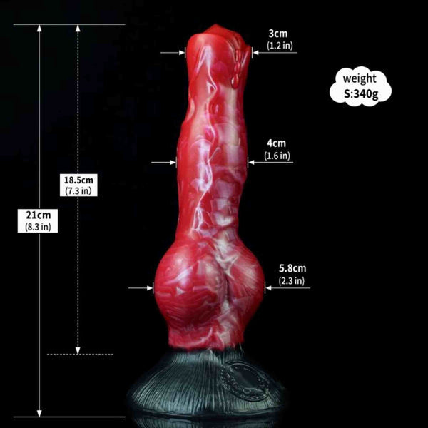 Fantasy dildo mostro rosso bianco viola taglia S testa scolpita su sfondo nero