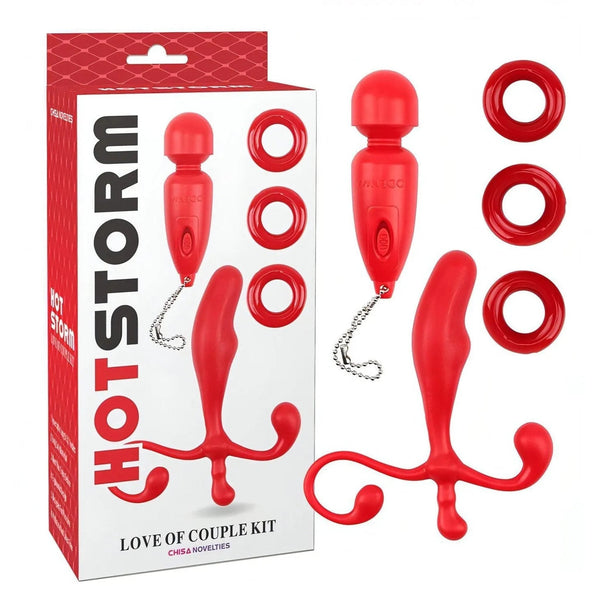Confezione kit Hot Storm Chisa Novelties con stimolatore, wand e anelli rossi