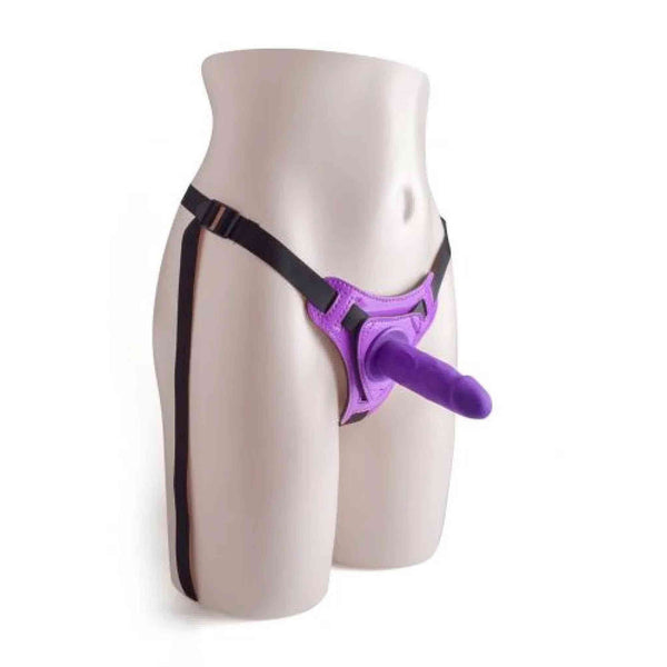 Manichino femminile con strapon viola base cucita e cinghie nere
