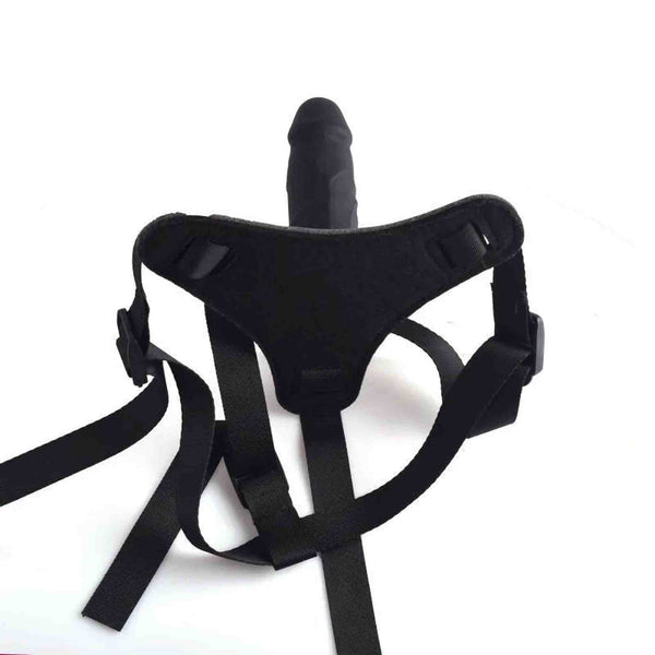 Vista posteriore strapon nero con cinturino Y e fibbie a velcro