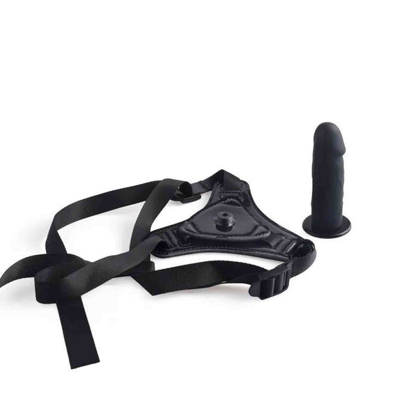 Strapon nero lucido con cinghie e dildo nero base piatta