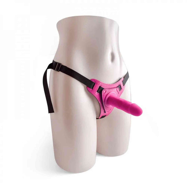 Manichino femminile con strapon rosa base cucita e cinghie nere