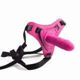 Strapon rosa acceso 4 pollici con base Y e cinghie nere in silicone anallergico