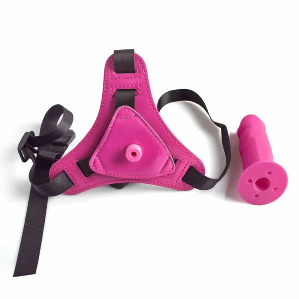 Strapon rosa smontato con base Y in pelle sintetica e dildo separato