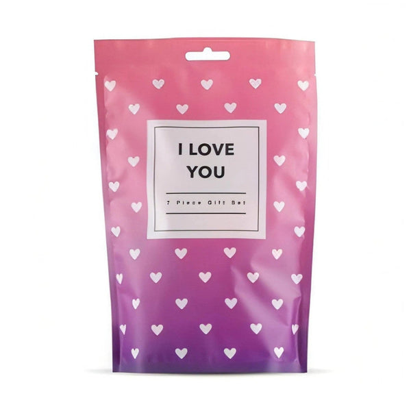 Sacchetto regalo rosa con cuoricini per set erotico I Love You da 7 pezzi