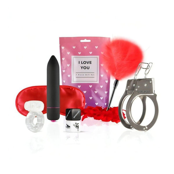Set regalo I Love You da 7 pezzi con anello vibrante, manette e accessori in silicone