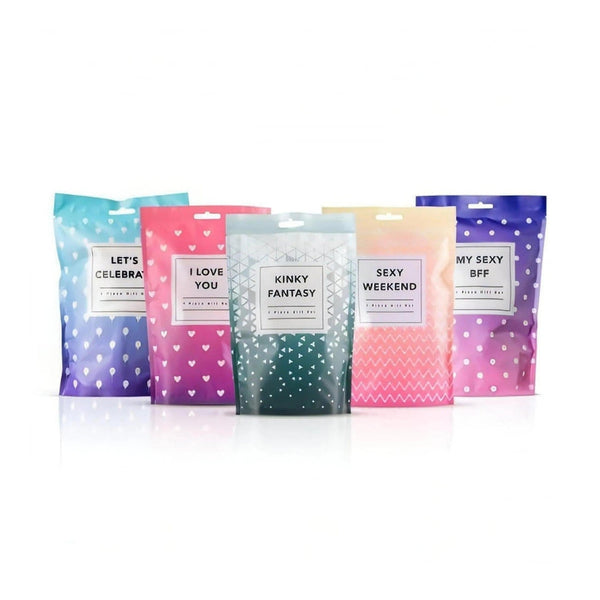 Collezione sacchetti regalo erotici con design colorati per kit sexy da 7 pezzi