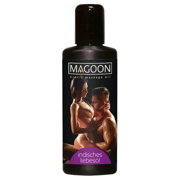Olio da massaggio erotico Magoon indiano bottiglia nera etichetta coppia