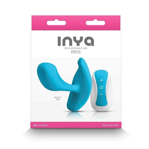 Packaging frontale vibratore wireless Inya Eros azzurro con telecomando bianco e indicazione dimensioni reali