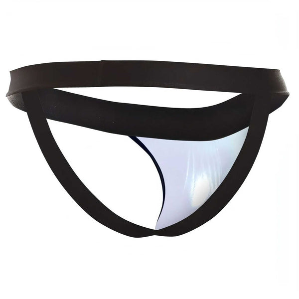 Jockstrap blu lucido wet look con fascia nera e design aderente