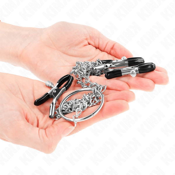 Pinze bondage Kink triple per capezzoli e clitoride con catena metallica argentea