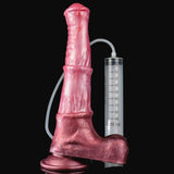 Dildo rosa in silicone collegato a siringa trasparente per riempimento
