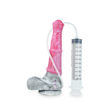 Dildo rosa silicone collegato a siringa monouso, base stivale effetto marmo