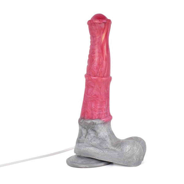 Dildo rosa silicone profilo laterale con base stivale effetto marmo e tubo flessibile