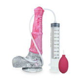 Dildo rosa silicone con pompa e siringa monouso, base stivale effetto marmo